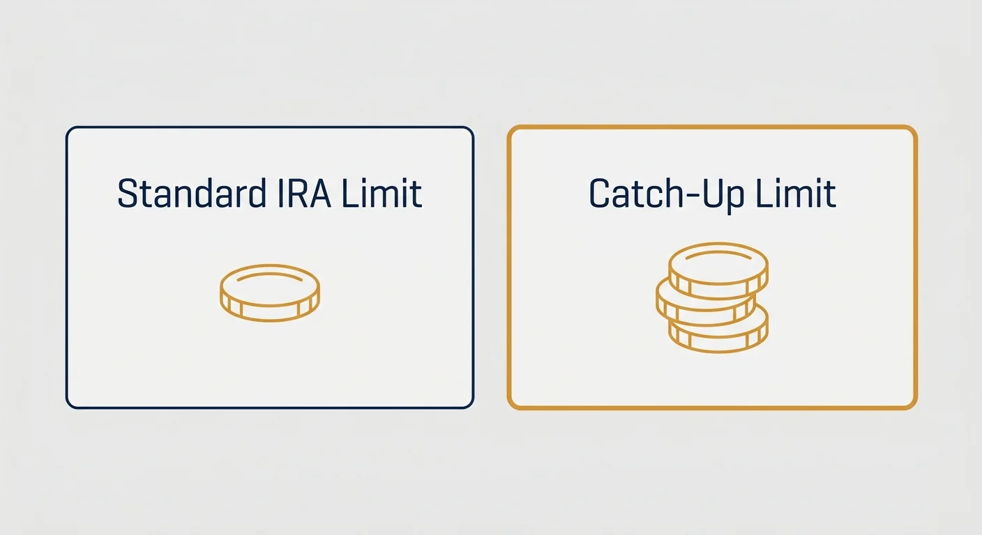 A comparison diagram showing two cards: one for the Standard IRA Limit and one for the Catch-Up Limit with a larger coin stack.