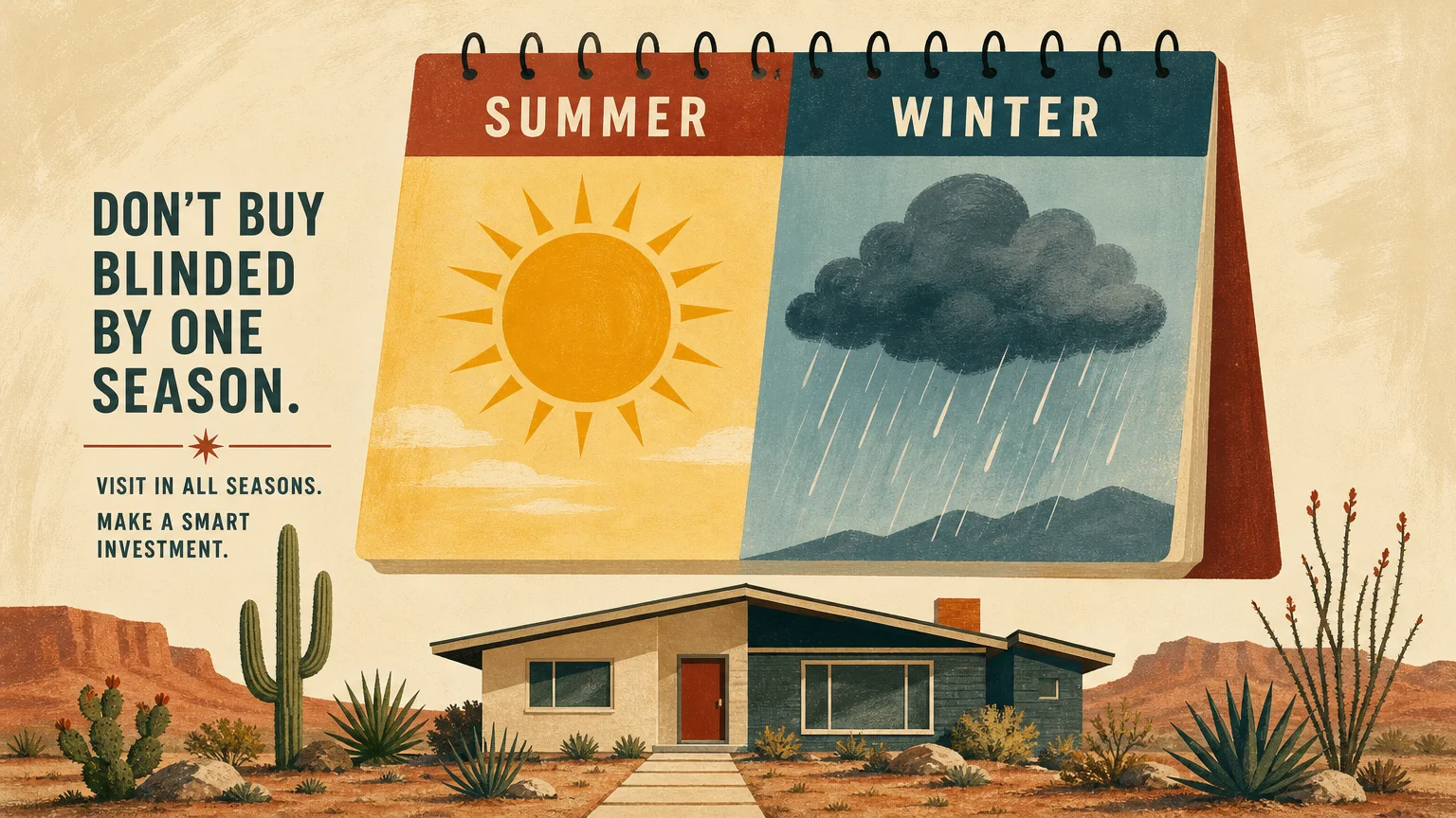 A conceptual illustration of a desert house under a split summer and winter calendar, representing seasonal research.