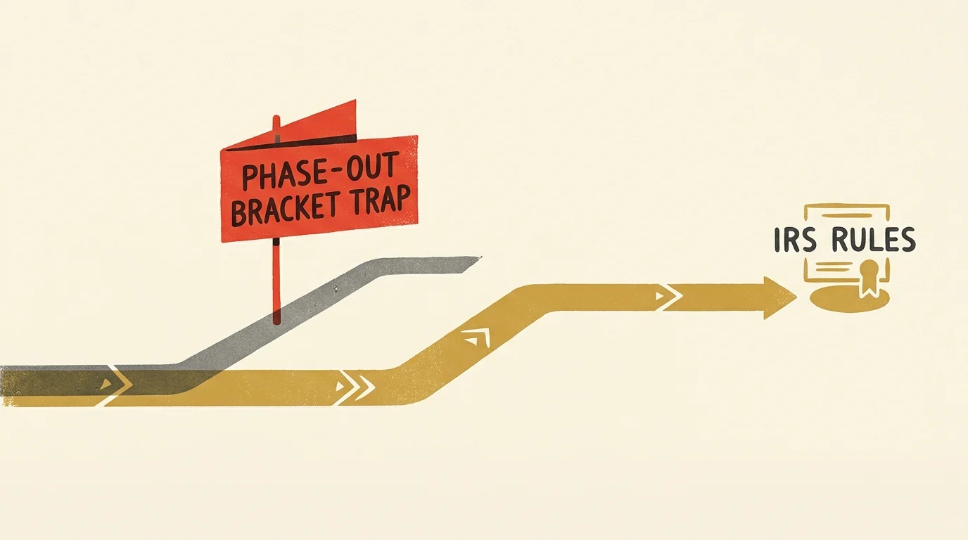 A conceptual illustration of a path bypassing a dead-end red flag labeled 'Phase-Out Bracket Trap' to follow a golden route.