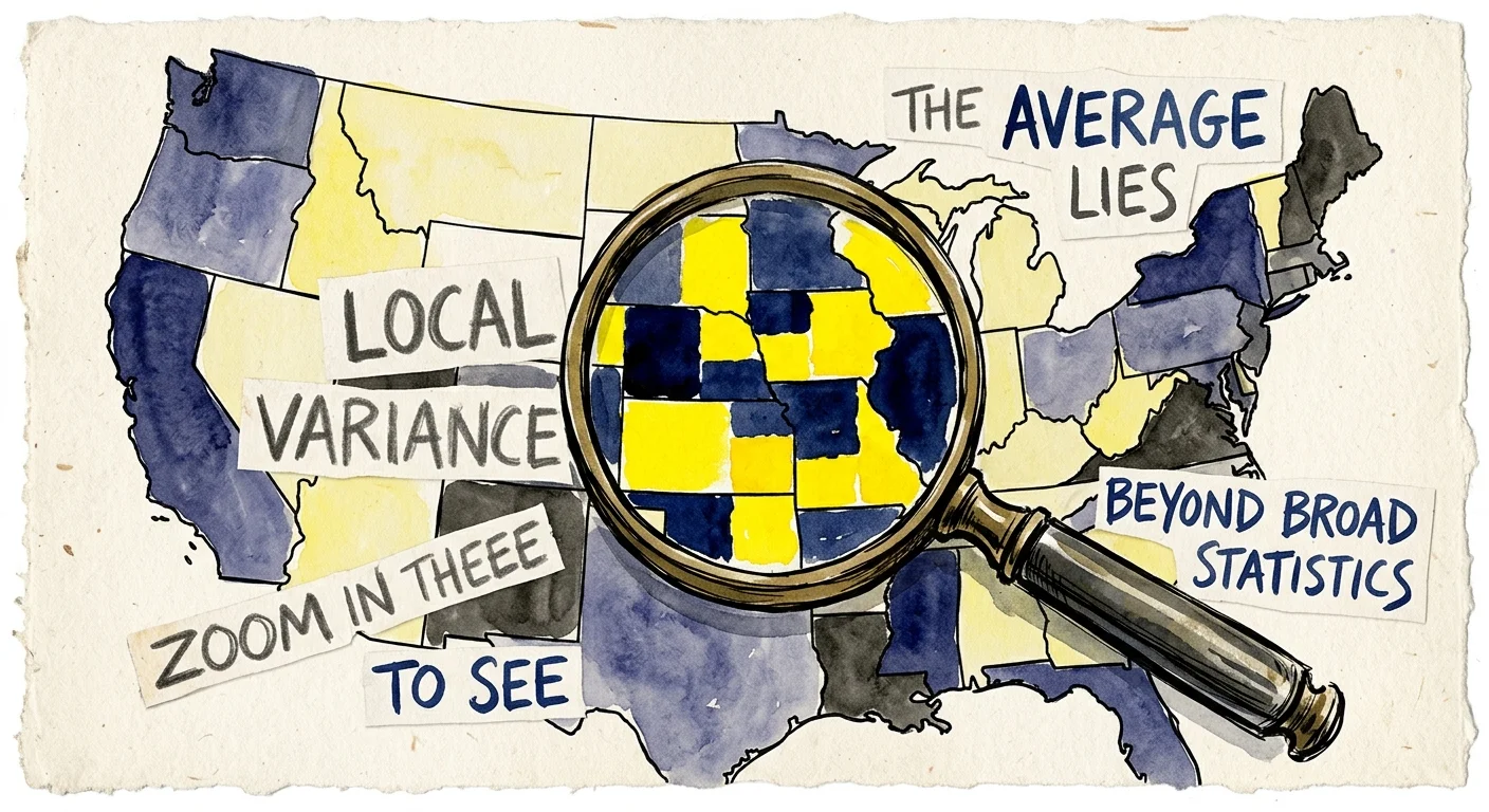 A conceptual watercolor illustration of a magnifying glass highlighting distorted patterns on a map of the United States.