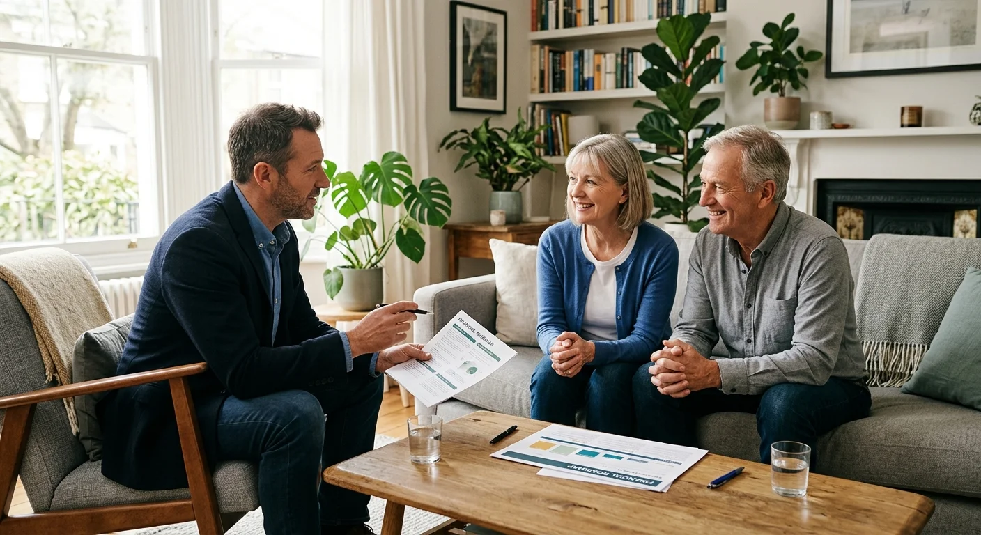 A couple in their 60s discussing a printed financial plan with a professional advisor in a bright, comfortable living room.