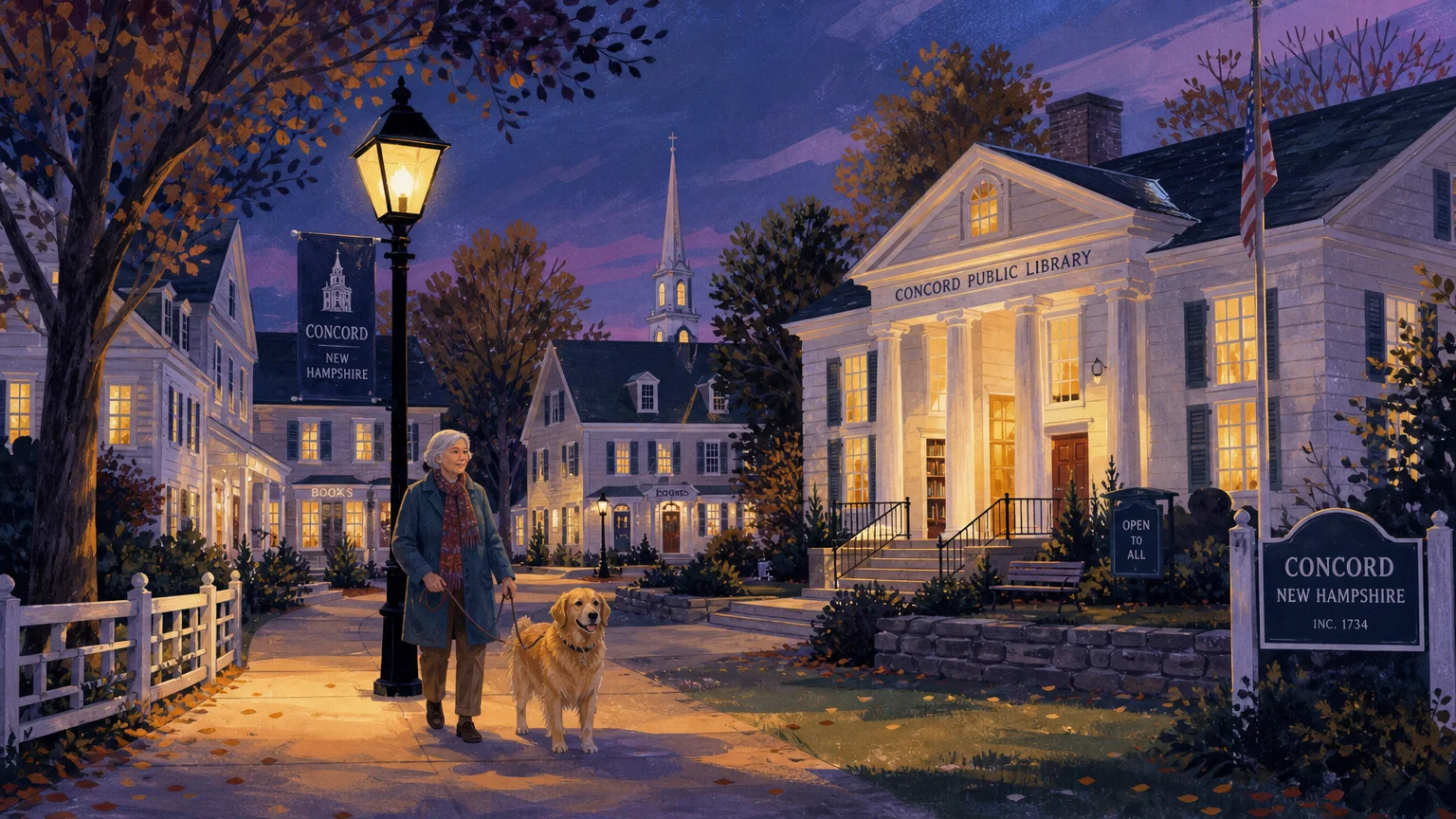 A cozy gouache illustration of a retired woman walking her dog at twilight in a peaceful, safe New Hampshire town square.