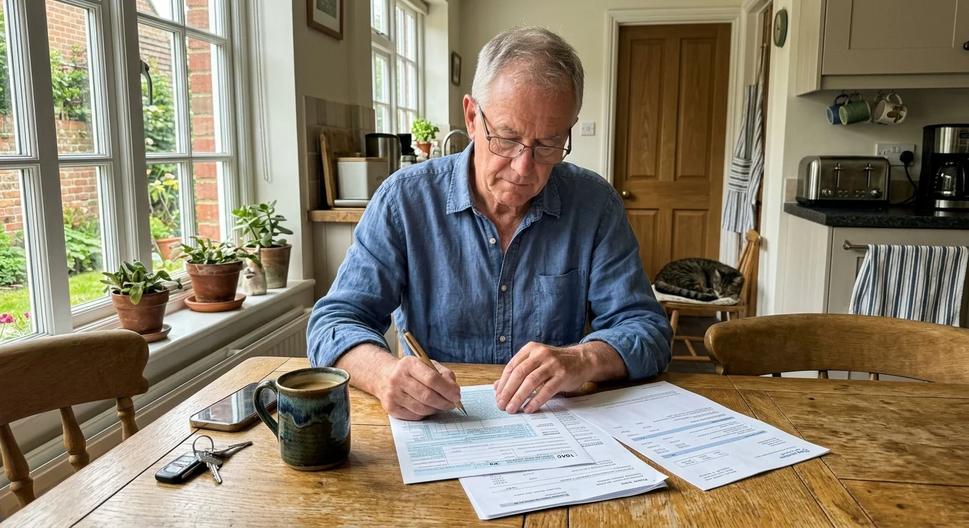 A documentary photograph of a man at his kitchen table reviewing tax documents in natural morning light.