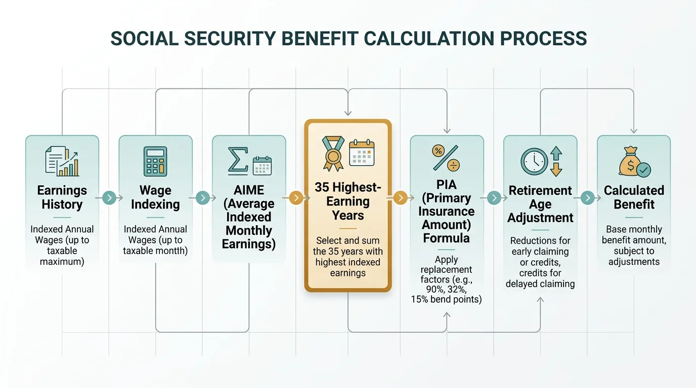A flowchart diagram illustrating how the Social Security benefit calculation is based on your 35 highest-earning years.