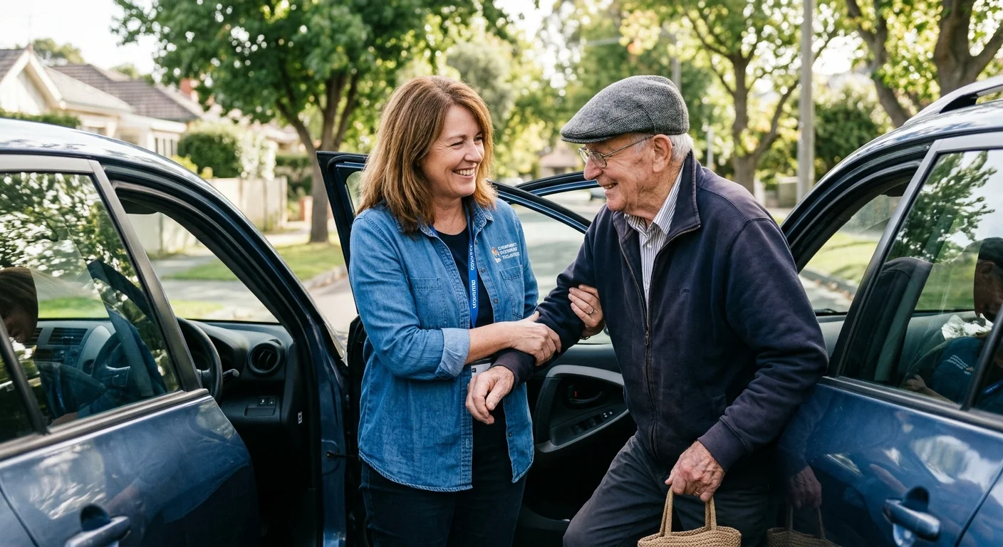 A friendly volunteer driver assists an elderly man into the passenger seat of her car on a sunny, tree-lined suburban street.
