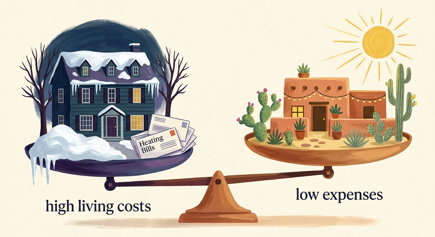A gouache illustration of a balance scale showing a warm, sunlit desert adobe home outweighing a cold, snow-covered house with high bills.