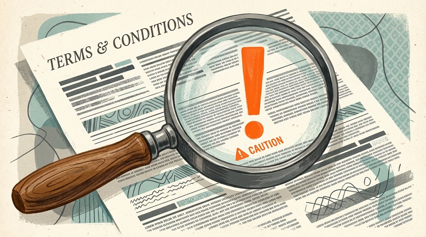 A gouache illustration of a magnifying glass highlighting an exclamation point on a document, symbolizing fine print pitfalls.