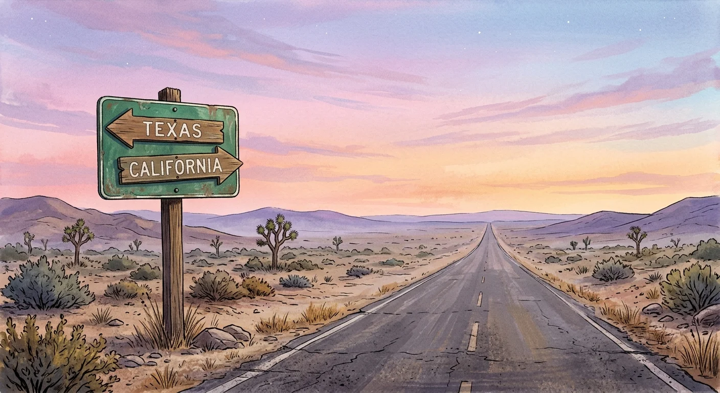 A gouache illustration of a quiet desert road with a retro signpost pointing toward Texas and California under a twilight sky.