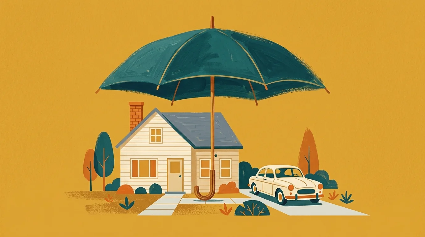 A gouache illustration of a stylized house and car sheltered beneath a large, protective teal umbrella on a warm yellow background.