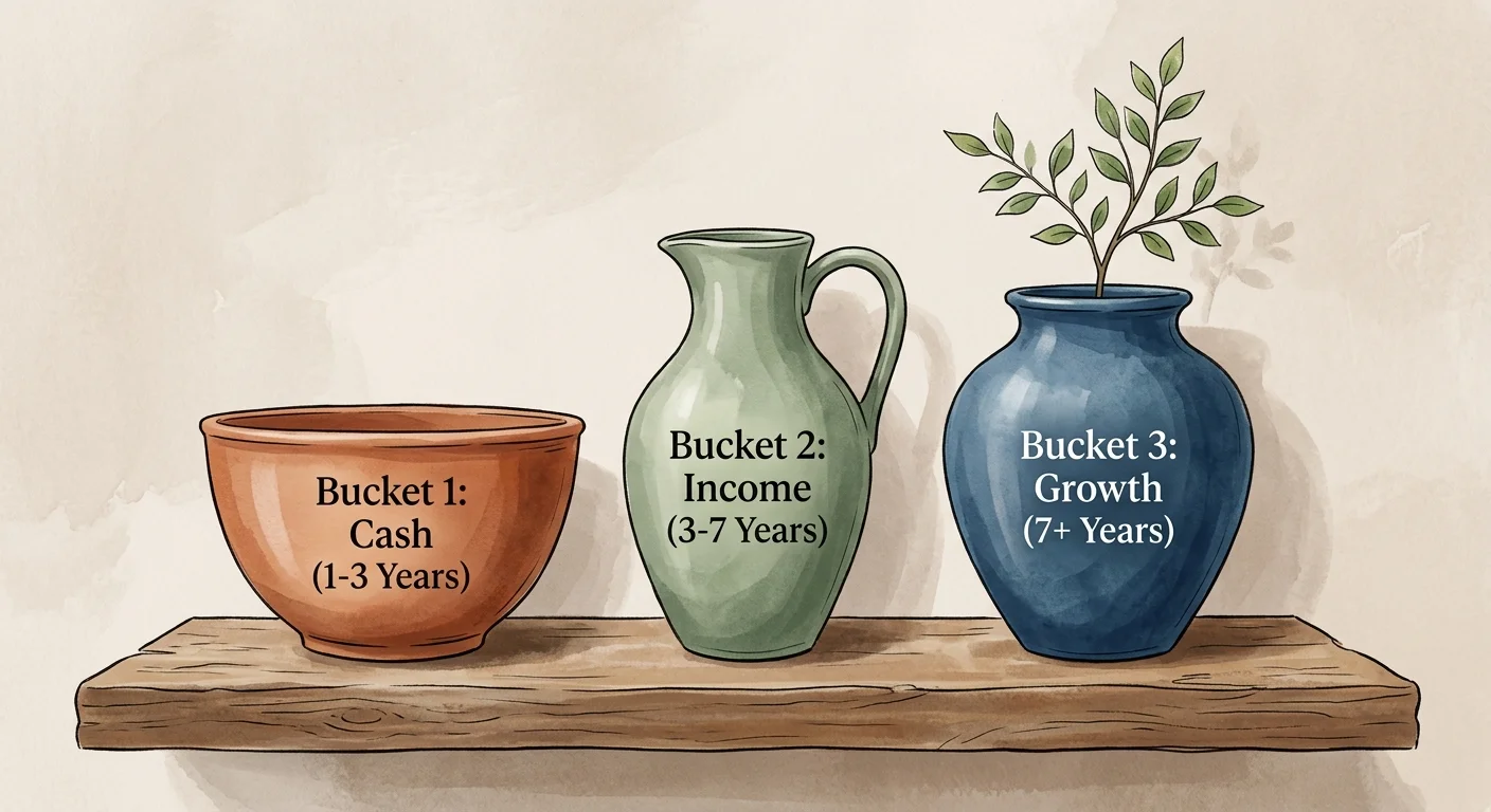 A gouache illustration of three stylized ceramic vessels labeled Cash, Income, and Growth on a wooden shelf.