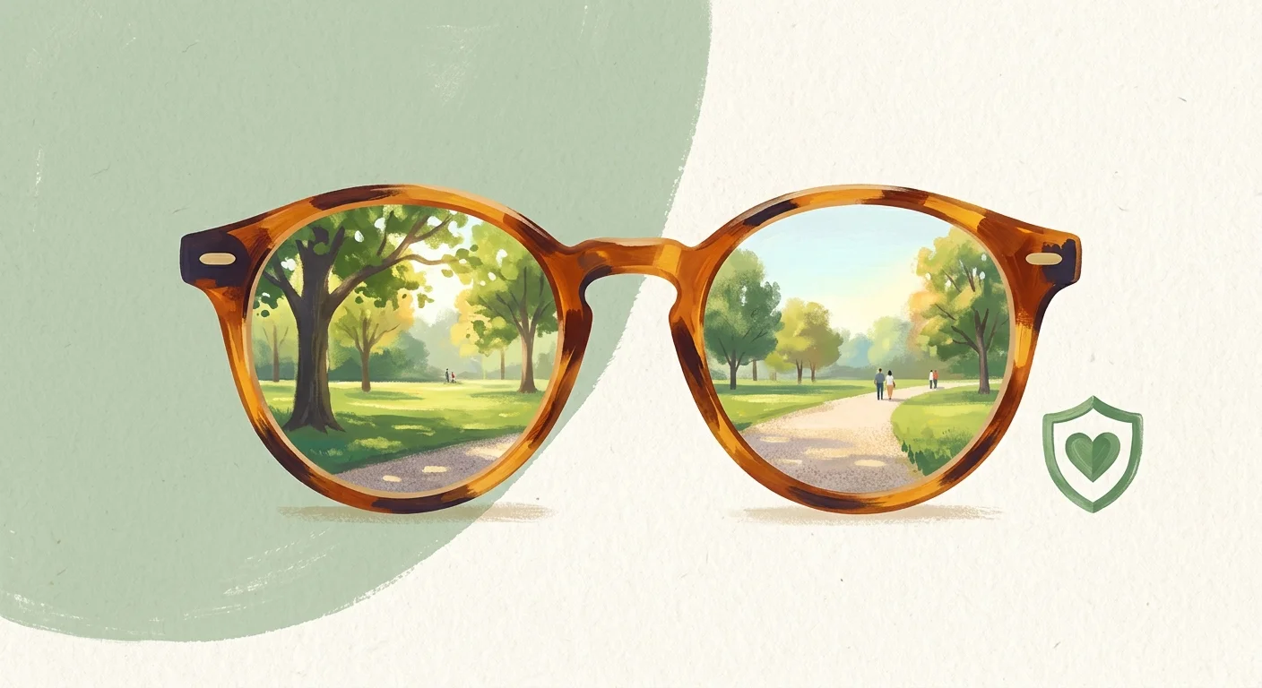 A gouache illustration of tortoiseshell eyeglasses revealing a vibrant green park through the lenses, beside a green health shield icon.