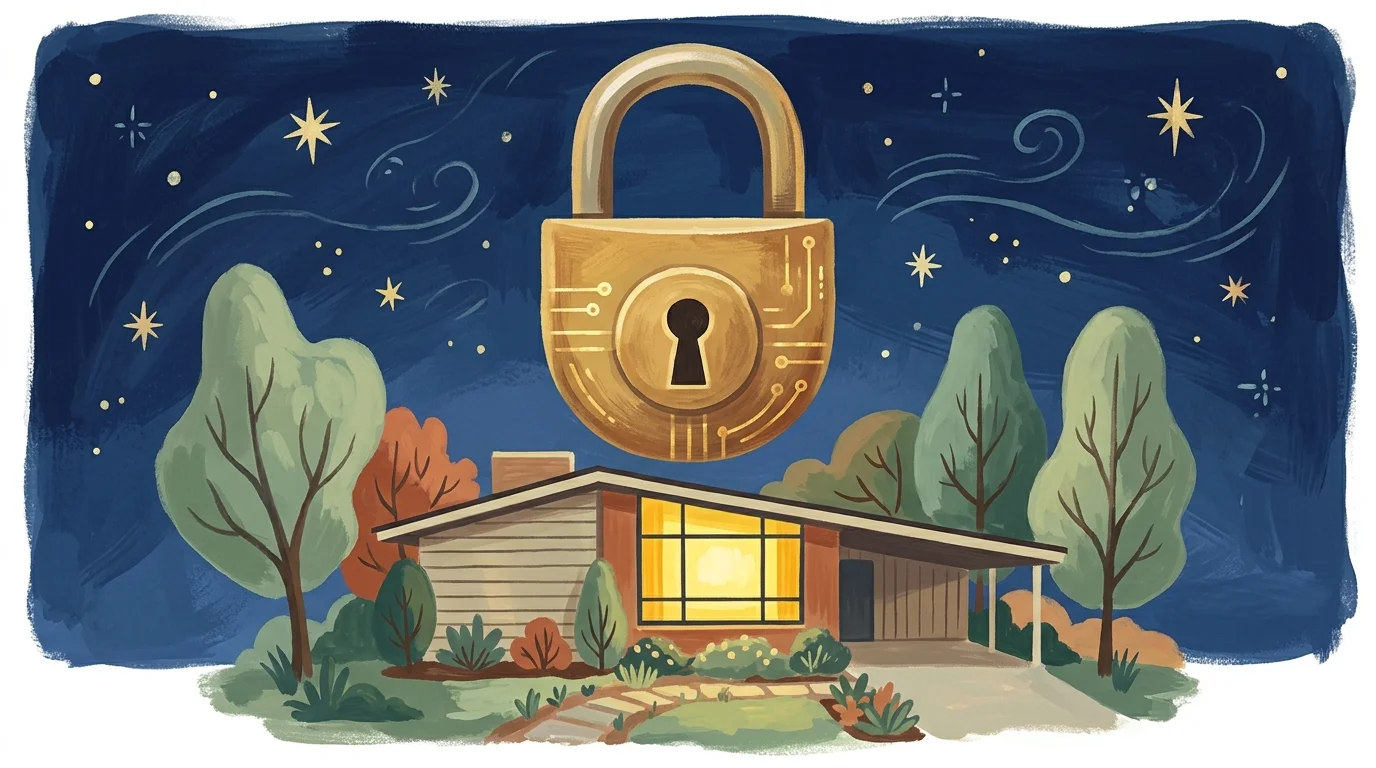 A hand-painted gouache illustration of a warm house under a starry night sky, protected by a giant floating brass padlock.