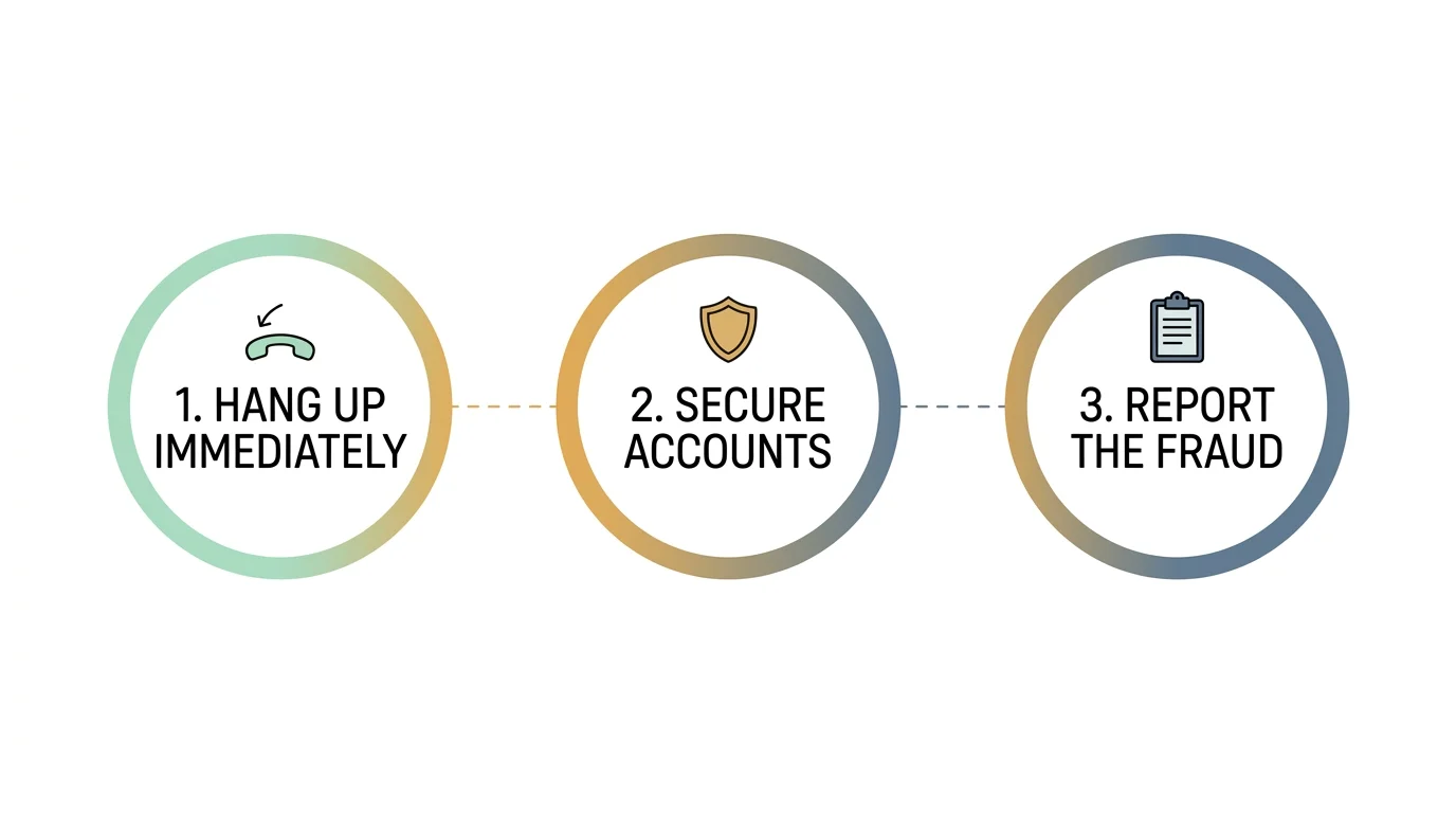 A horizontal 3-step flowchart outlining the actions: Hang Up, Secure Accounts, and Report the Fraud.