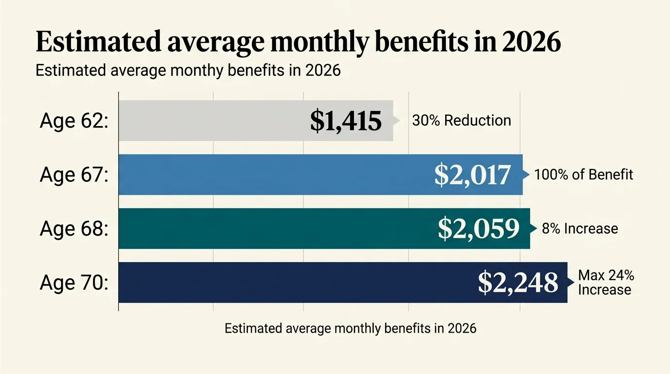 A horizontal bar chart comparing Social Security benefits at age 62 ($1,415), age 67 ($2,017), age 68 ($2,059), and age 70 ($2,248).