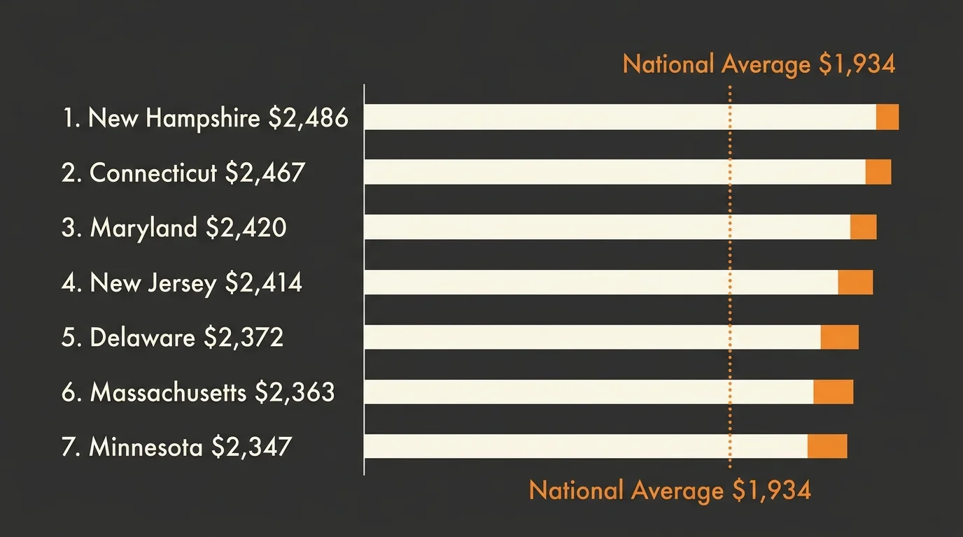 A horizontal bar chart comparing the top states for Social Security benefits, showing New Hampshire leading at $2,486.