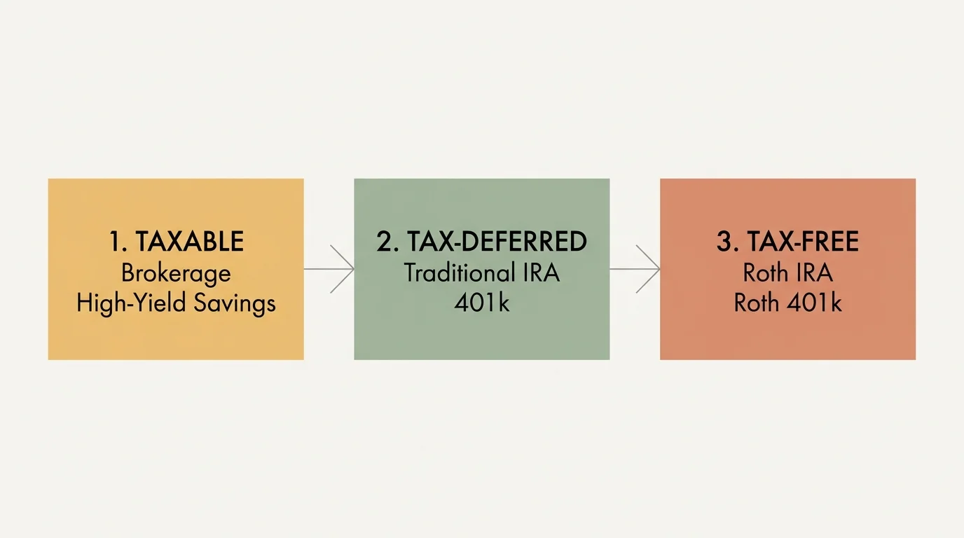 A horizontal flow diagram showing the conventional retirement withdrawal order: Taxable, then Tax-Deferred, and lastly Tax-Free.