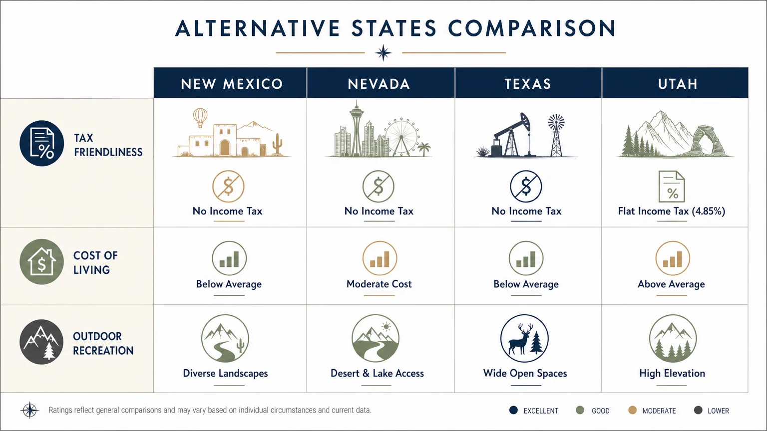 A horizontal minimalist comparison chart of New Mexico, Nevada, Texas, and Utah across tax, cost, and lifestyle metrics.