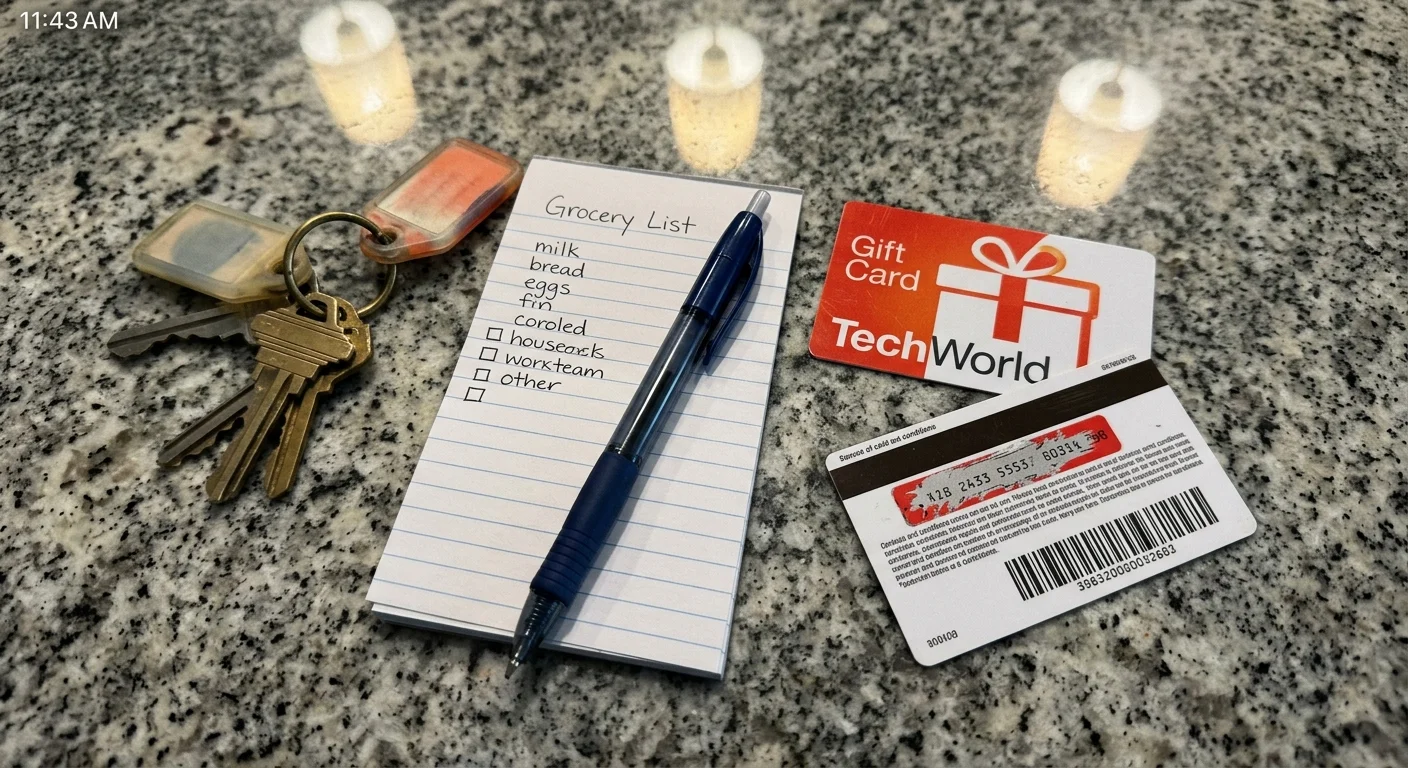 A kitchen counter flat-lay showing household keys, a grocery list, and retail gift cards with their security strips scratched off.