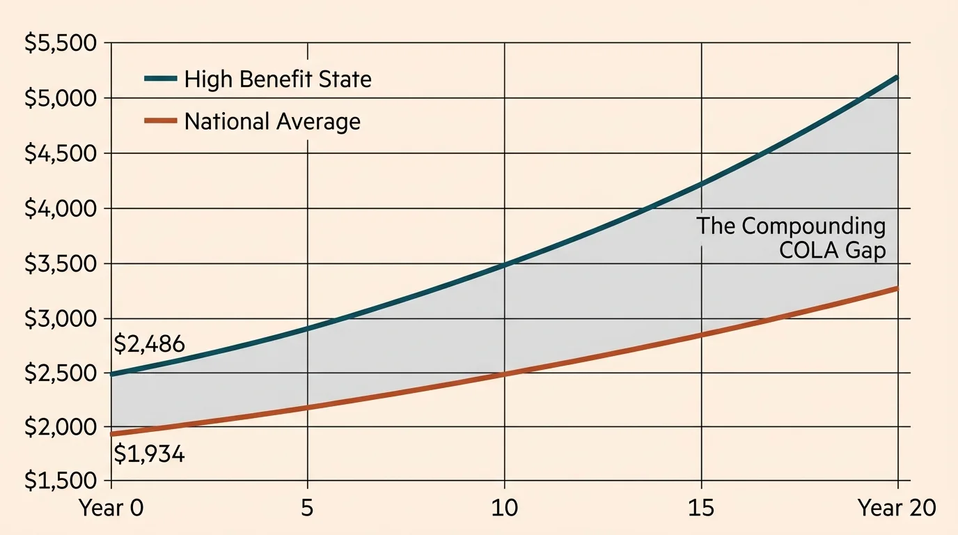 A line graph showing how compounding Cost-of-Living Adjustments widen the financial gap between high-benefit and average-benefit states.