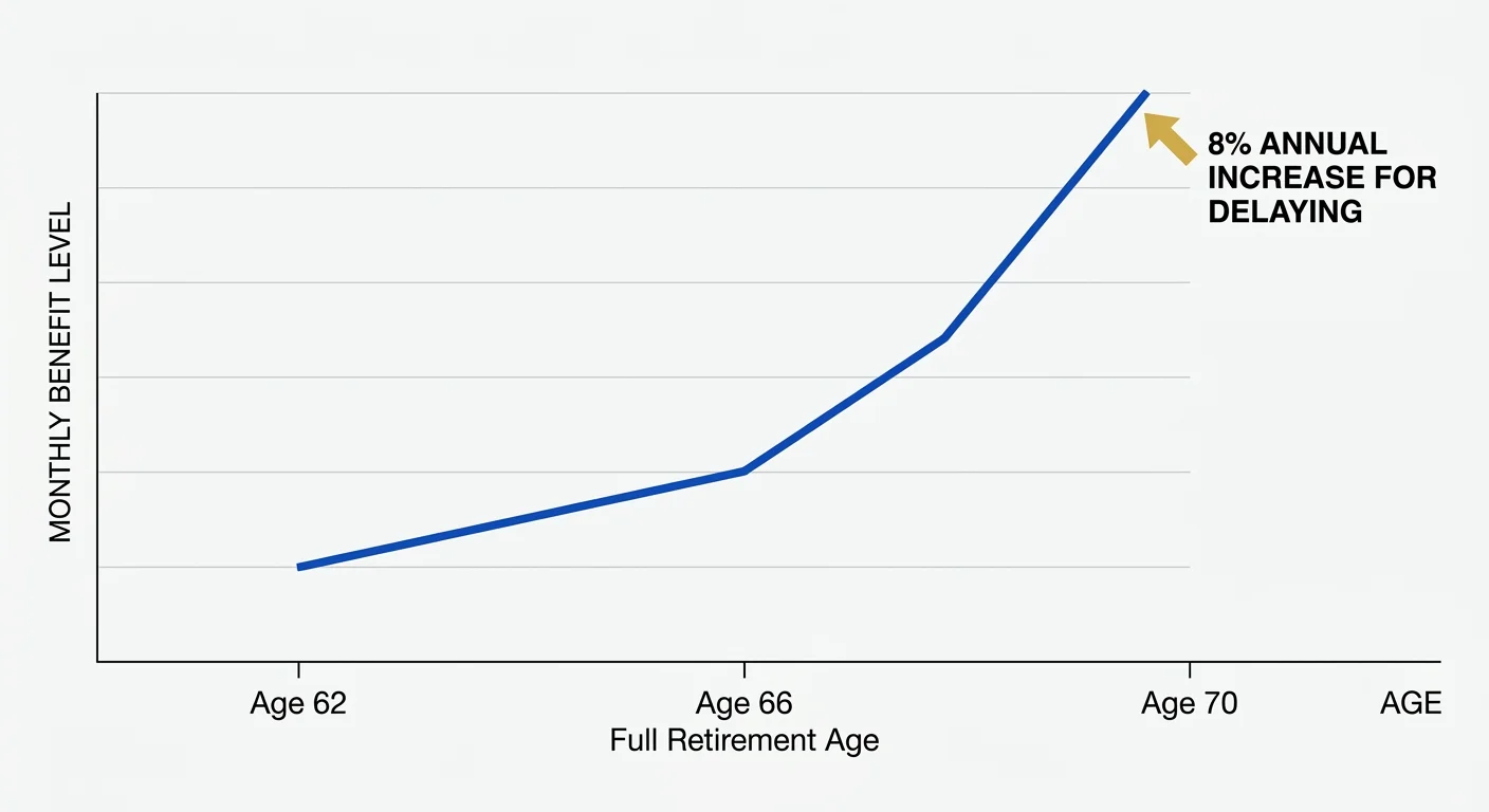 A line graph showing monthly Social Security benefits rising sharply from Age 62 to Age 70, highlighting an 8% annual increase.