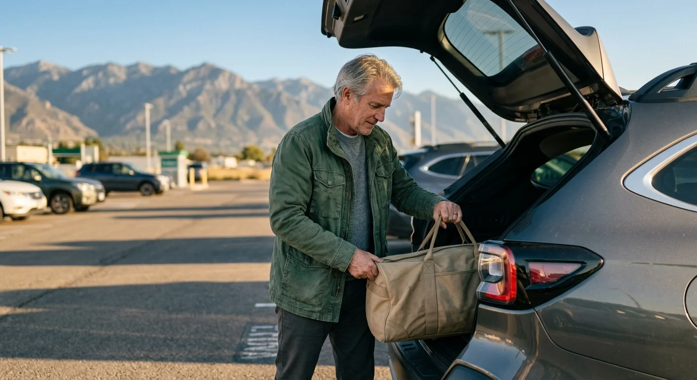 A man loading a canvas bag into the trunk of a rental SUV with a scenic mountain backdrop during golden hour.