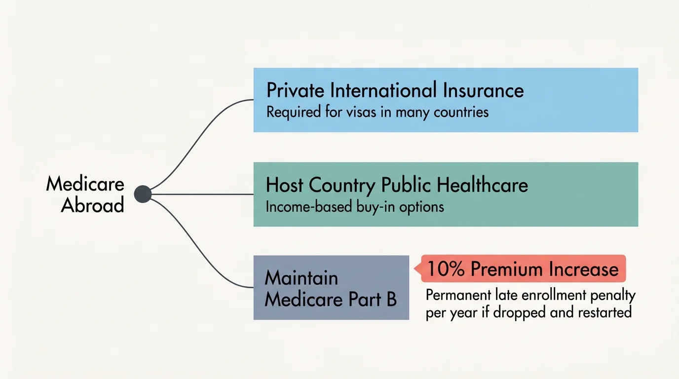 A minimalist diagram mapping expat healthcare paths: Private Insurance, Public Systems, and maintaining Medicare Part B.