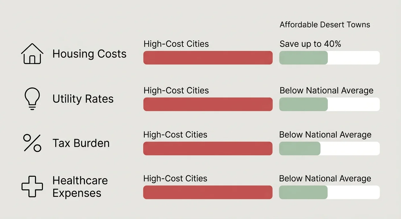 A minimalist horizontal comparison infographic showing cost savings in housing, utilities, taxes, and healthcare in affordable desert towns.