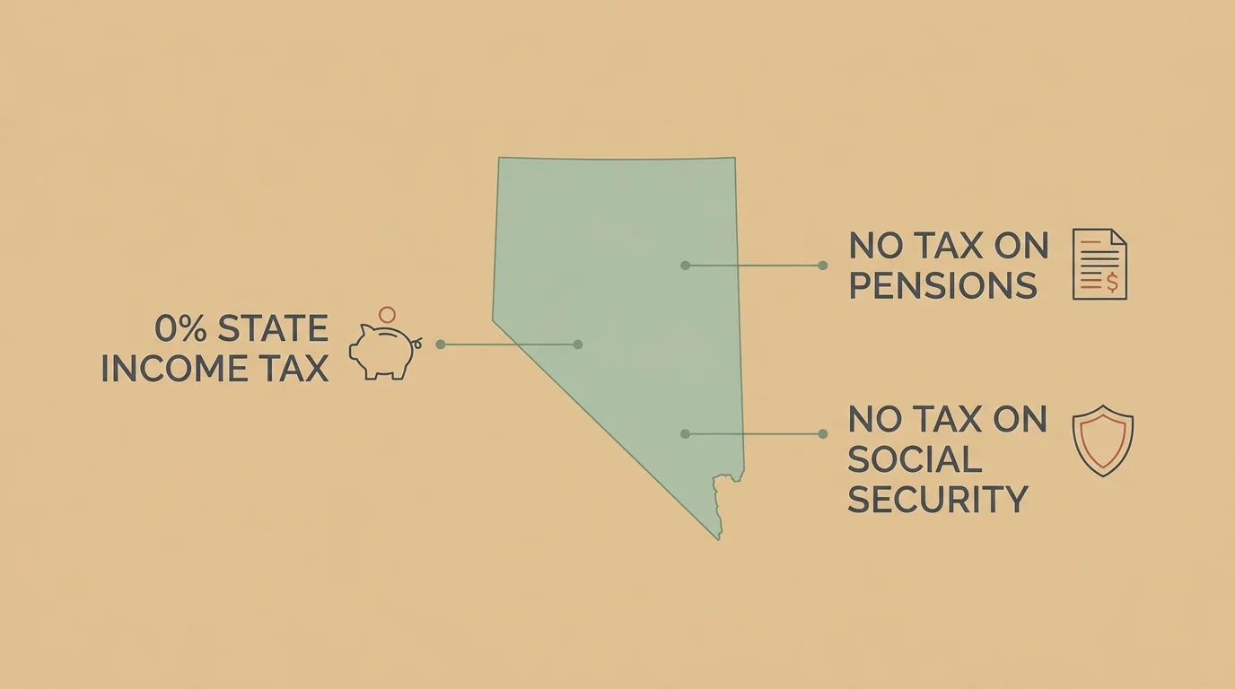 A minimalist infographic map of Nevada highlighting key tax benefits for retirees, including zero percent state income tax.