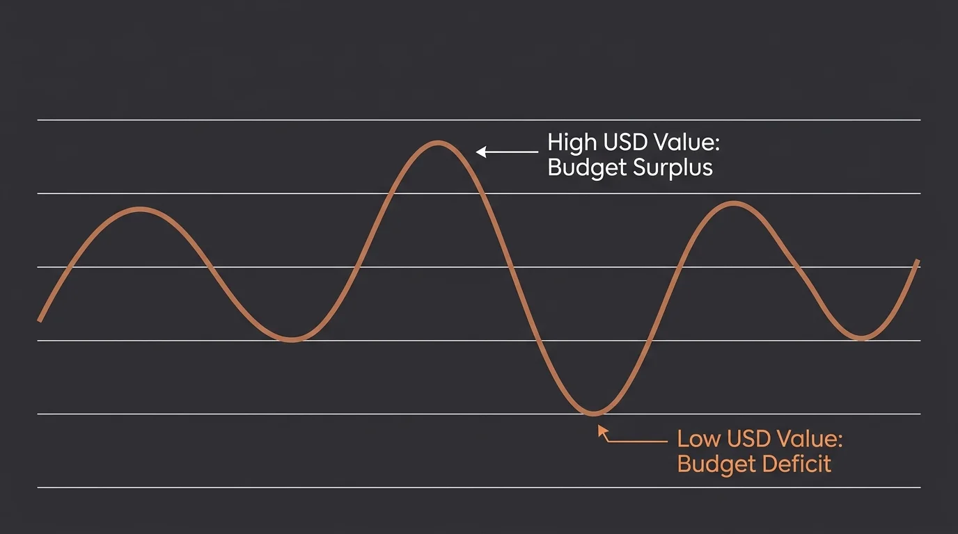 A minimalist line graph showing currency exchange peaks and valleys labeled as budget surplus and budget deficit.
