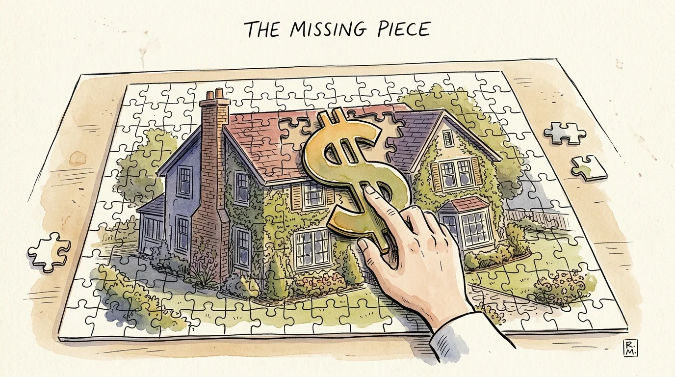A New Yorker-style watercolor of a jigsaw puzzle with a dollar-shaped piece that doesn't fit, representing tax planning errors.