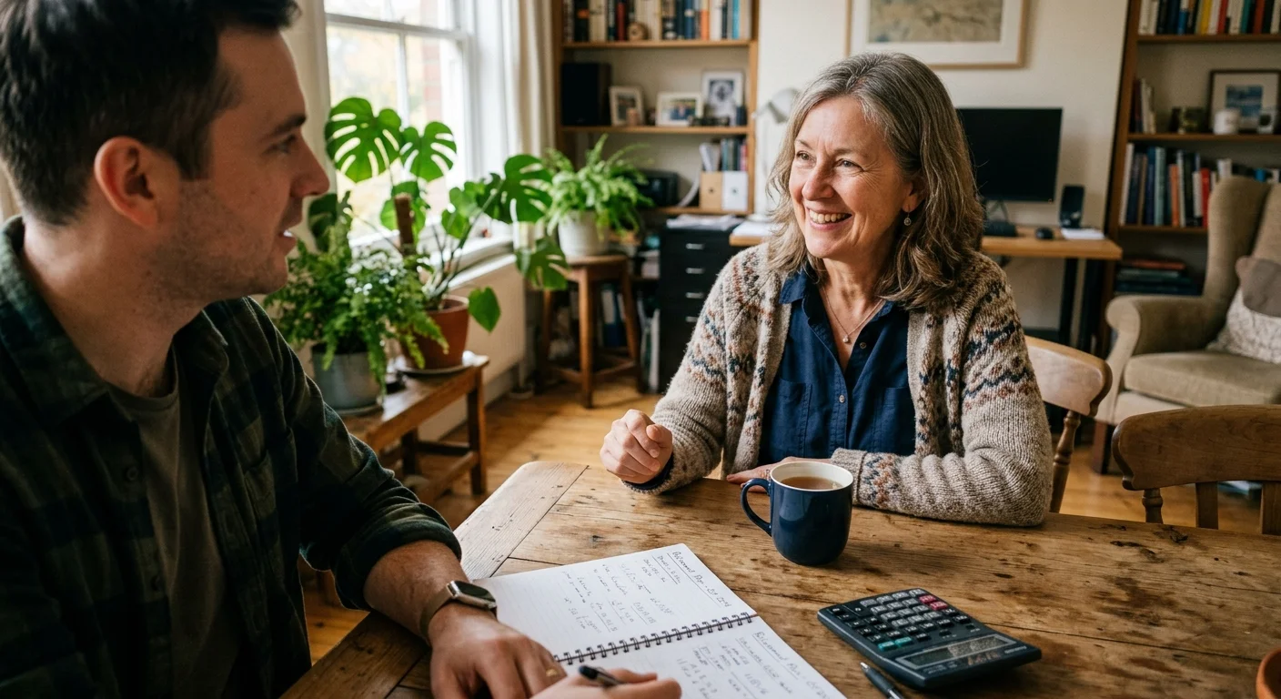 A person discussing paperwork at a wooden table with a professional in a warm, domestic home setting.