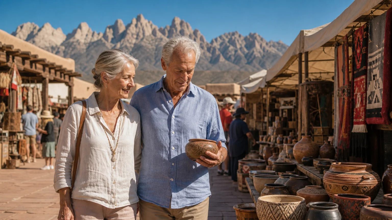 A retired couple browsing an outdoor artisan market in New Mexico, with historic adobe buildings and rugged mountains behind them.