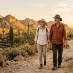 A retired couple hiking hand-in-hand along a scenic desert trail lined with cacti during a warm, golden sunset.