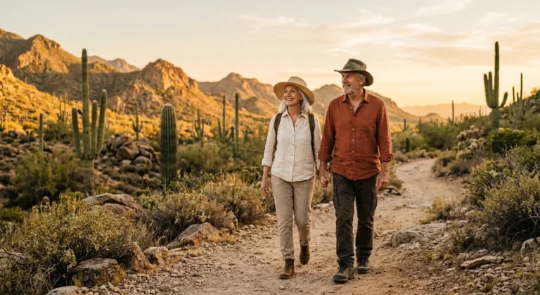 A retired couple hiking hand-in-hand along a scenic desert trail lined with cacti during a warm, golden sunset.