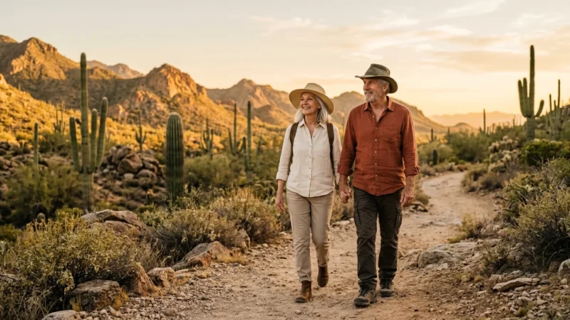 A retired couple hiking hand-in-hand along a scenic desert trail lined with cacti during a warm, golden sunset.