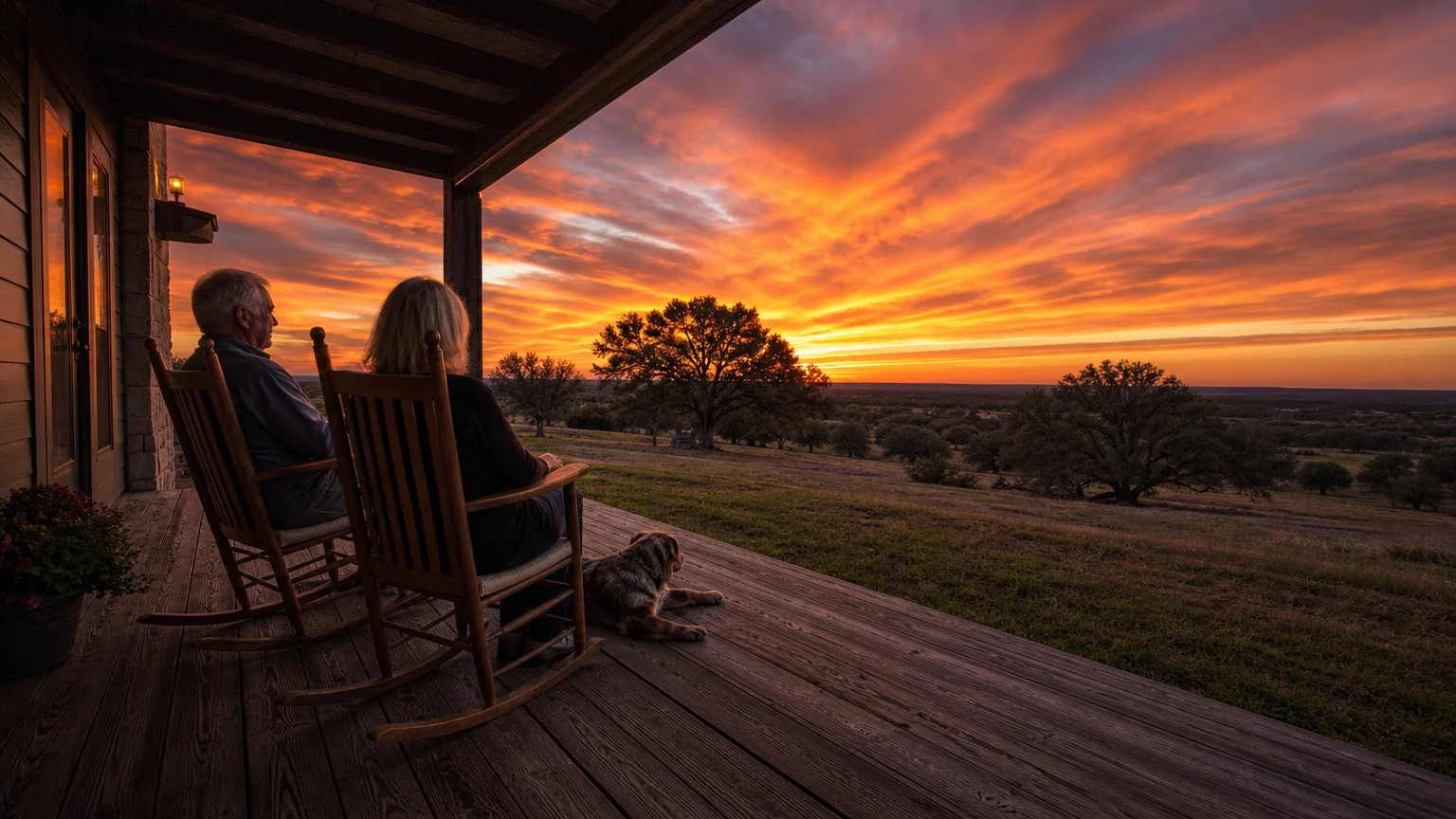 A retired couple sitting on a rustic ranch porch watching a massive, colorful Texas sunset over an open landscape.