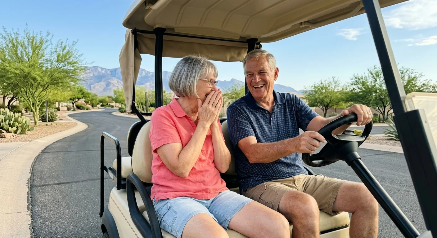 A retired couple smiling inside a golf cart on a quiet desert street in a master-planned community in Arizona.