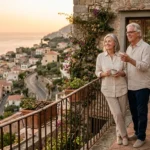 A retired couple standing on a sunny balcony in Europe overlooking a coastal town at sunset.