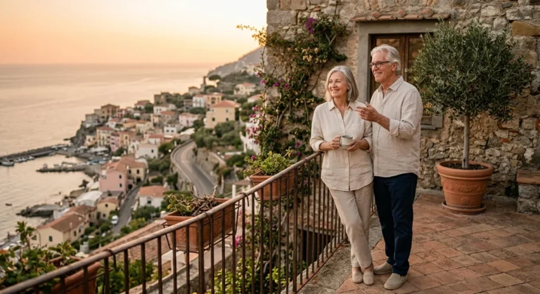 A retired couple standing on a sunny balcony in Europe overlooking a coastal town at sunset.