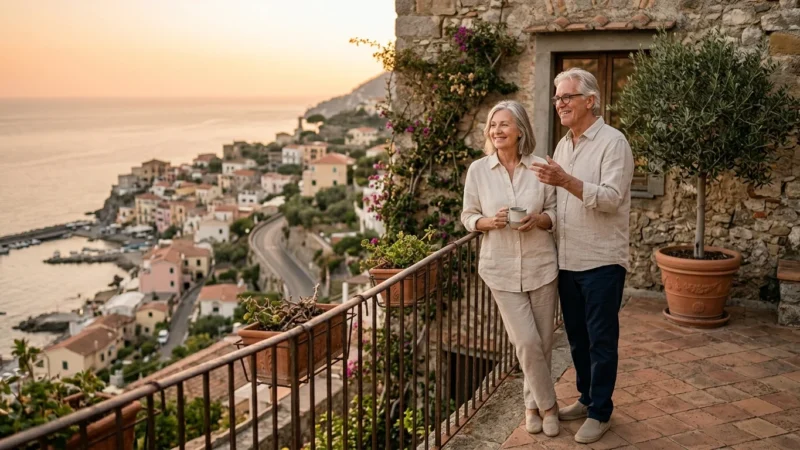 A retired couple standing on a sunny balcony in Europe overlooking a coastal town at sunset.