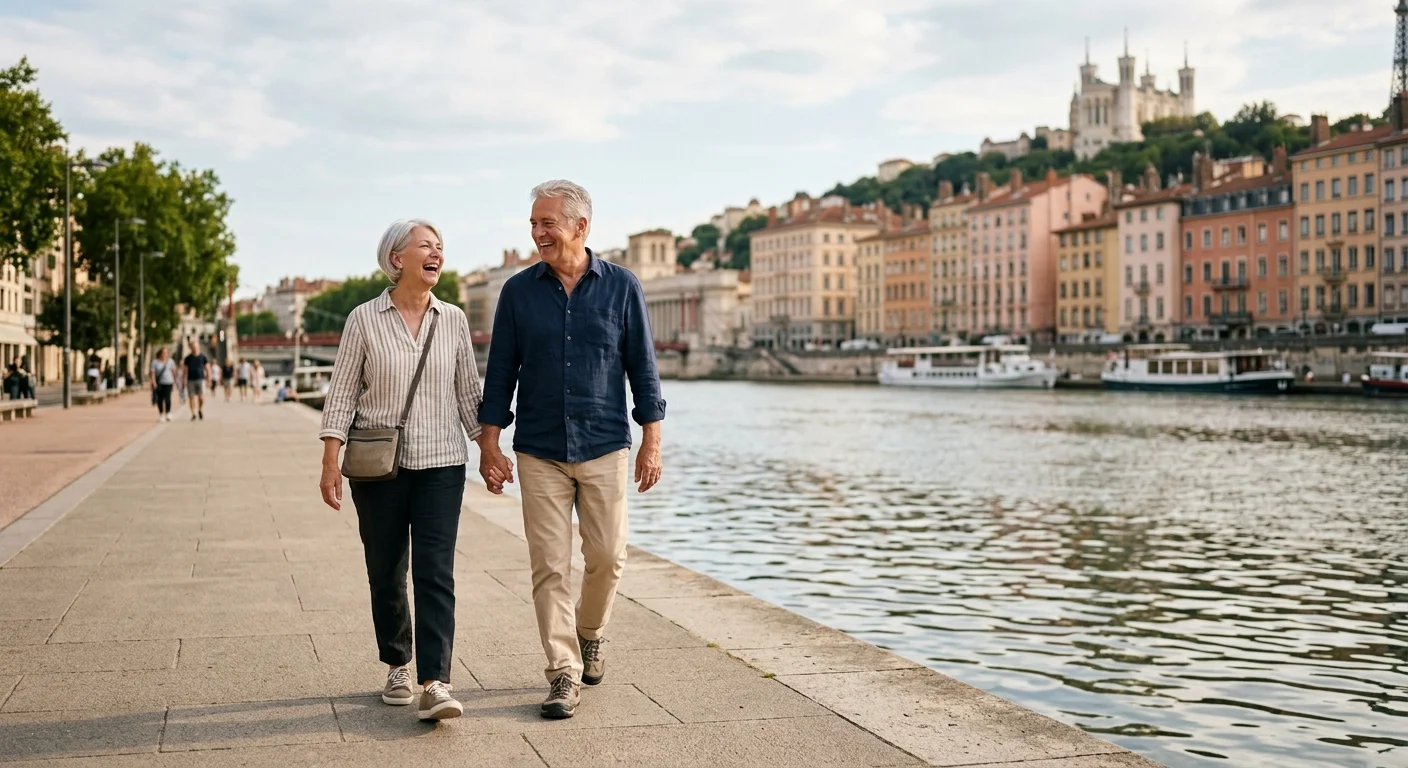 A retired couple walks along the flat, scenic riverbank in Lyon, France, with historic buildings in the background.