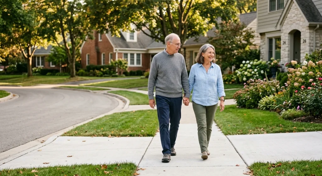 A retired couple walks down a peaceful, tree-lined suburban sidewalk during the warm golden hour.