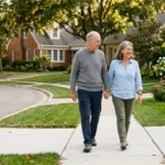A retired couple walks down a peaceful, tree-lined suburban sidewalk during the warm golden hour.