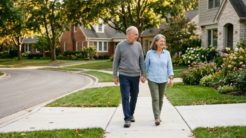 A retired couple walks down a peaceful, tree-lined suburban sidewalk during the warm golden hour.