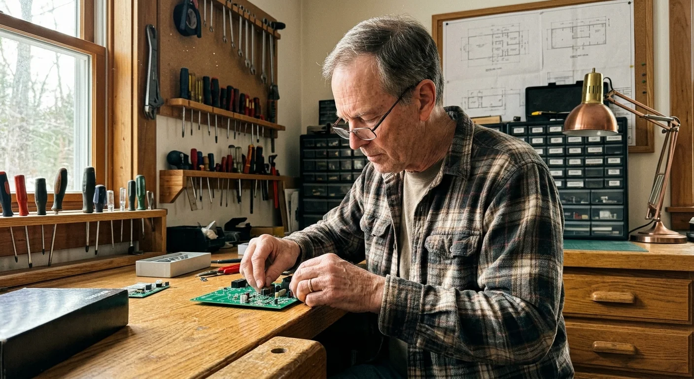 A retired engineer in a flannel shirt working on a technical hobby at a sunlit wooden workbench in his home workshop.