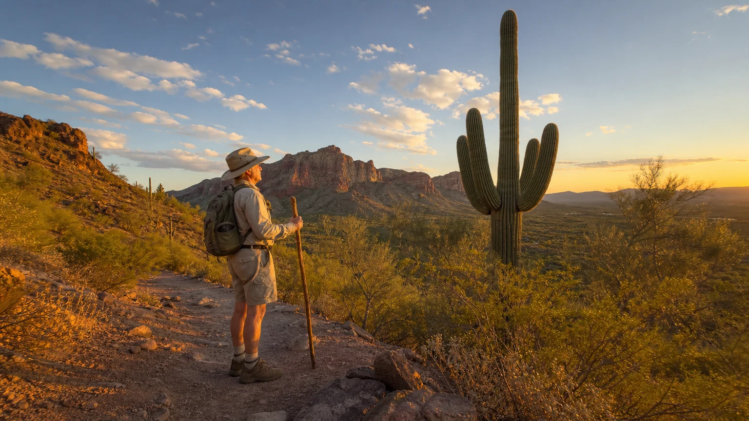 A retired man hiking along a scenic Arizona desert trail lined with saguaro cacti during golden hour.