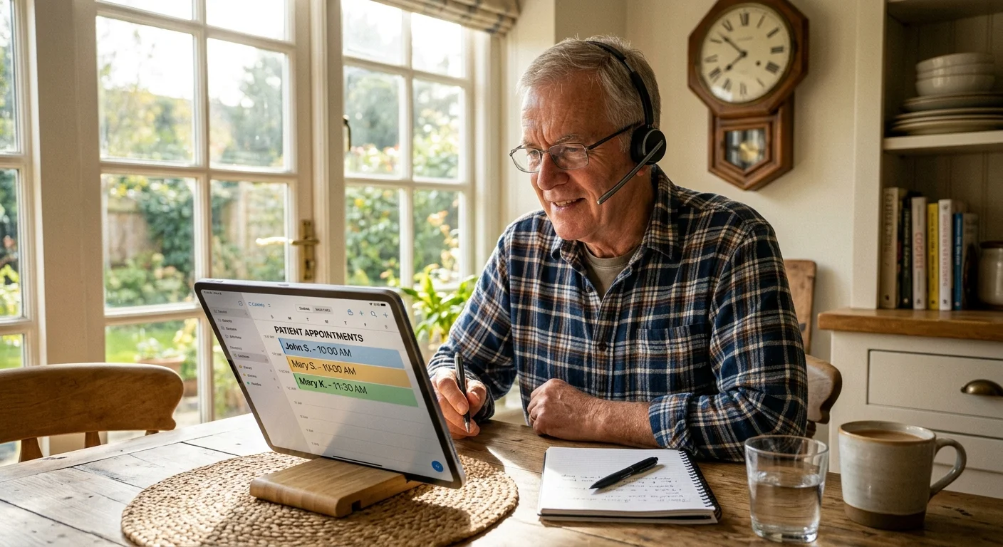 A retired man in a flannel shirt wears a headset while coordinating medical appointments on a tablet in his sunlit home.