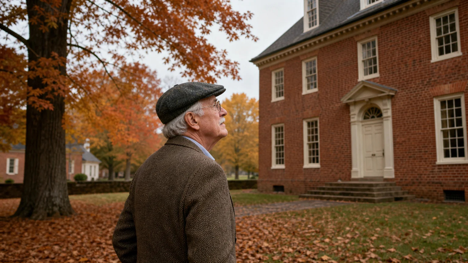 A retired man in a tweed jacket exploring a historic brick colonial site in Virginia during a colorful autumn day.