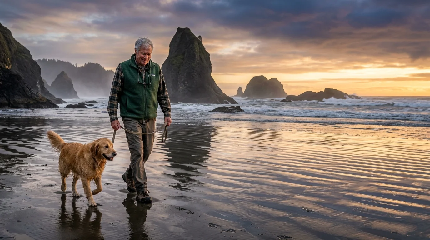 A retired man walks his dog on a scenic Pacific Northwest beach at sunset, capturing the active lifestyle of tax-friendly states.