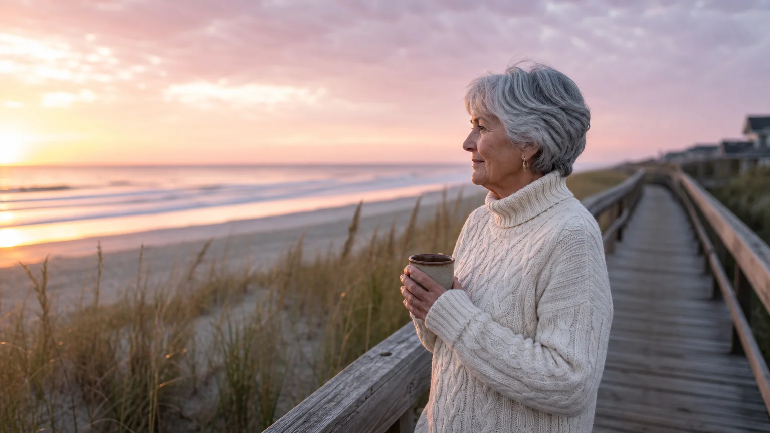 A retired woman in a knit sweater walks along a quiet Delaware beach boardwalk at sunrise, holding a warm mug.